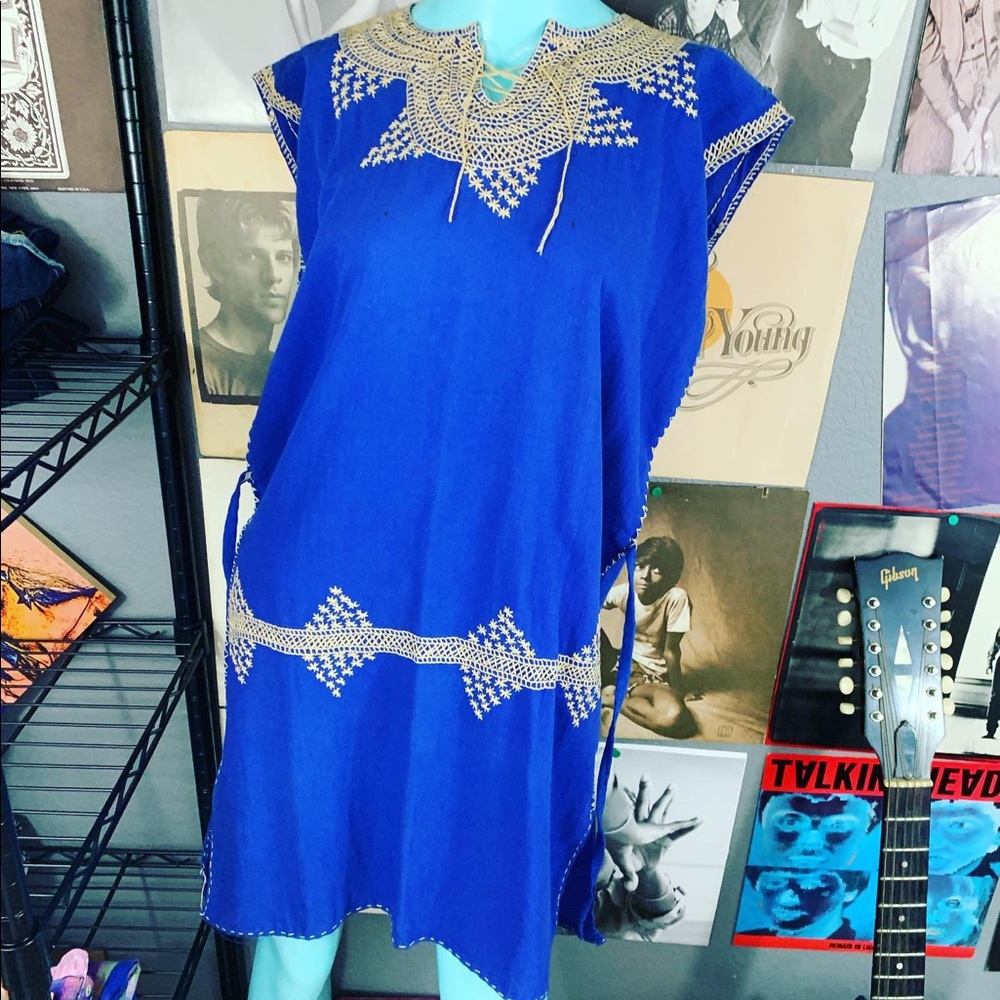 🦋 Vintage 1960’s Stitched EMBROIDERED Boho Blue Tunic S/M COTTON LINEN blend